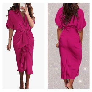 Short Sleeve Belted Ruched Midi Shirt Dress